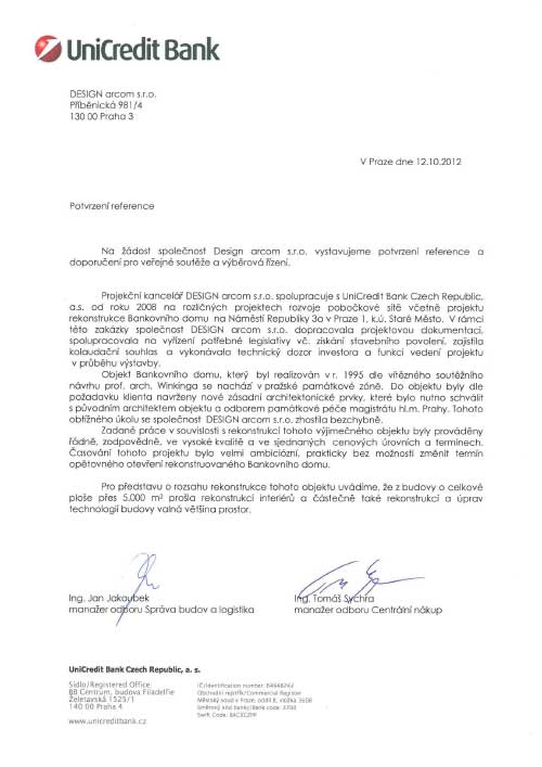 Referenční dopis: UniCredit Bank Czech Republic